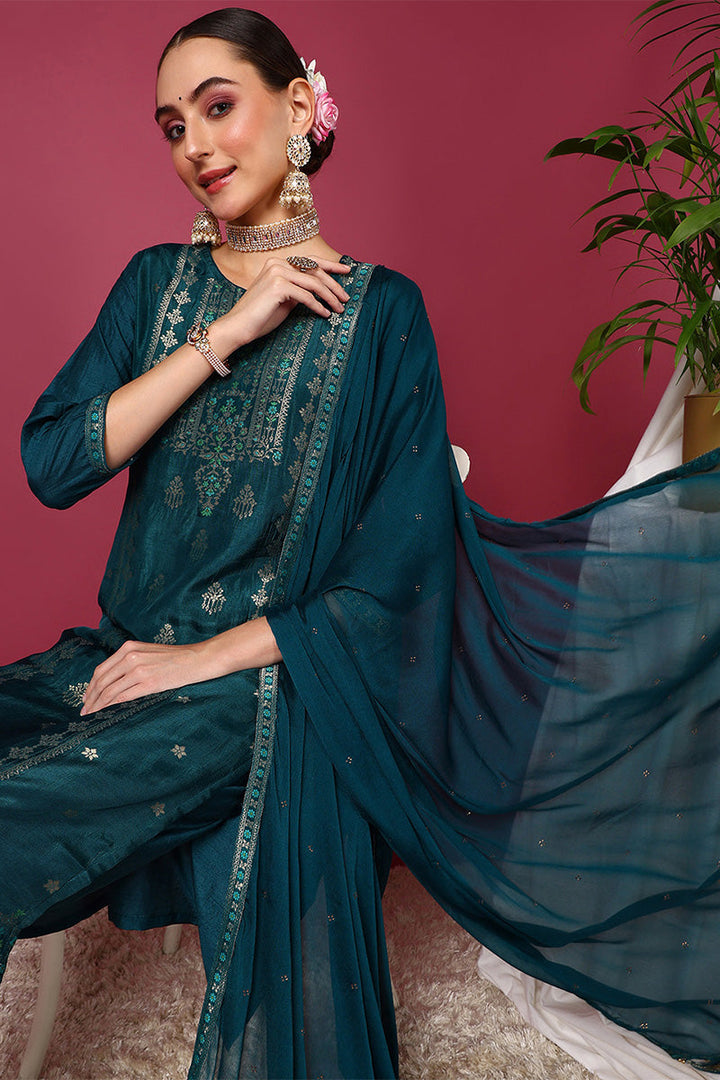 Teal-Silk-Blend-Ethnic-Motifs-Woven-Design-3-Piece-Kurta-Set