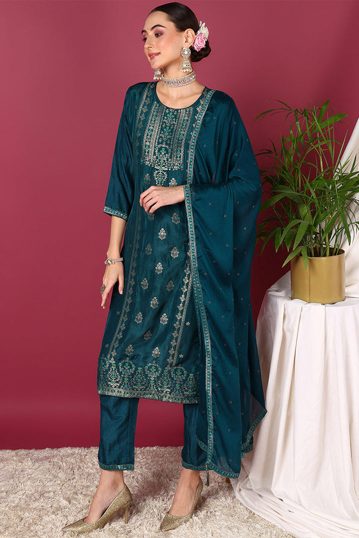 Teal-Silk-Blend-Ethnic-Motifs-Woven-Design-3-Piece-Kurta-Set