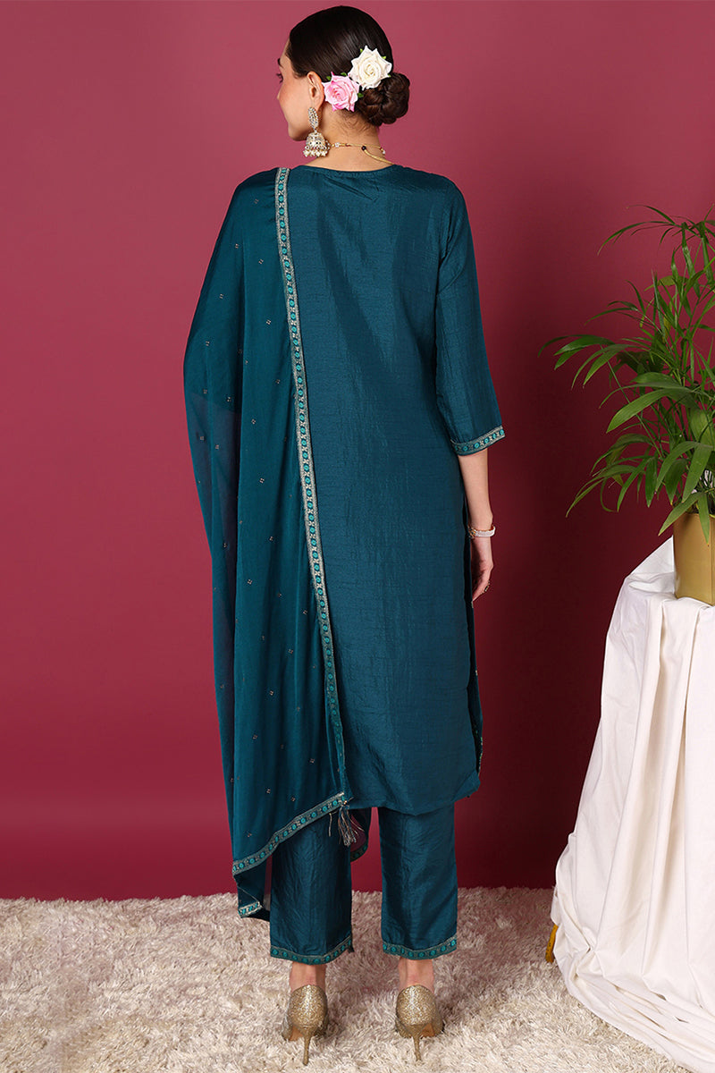 Teal-Silk-Blend-Ethnic-Motifs-Woven-Design-3-Piece-Kurta-Set