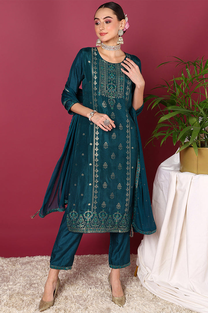 Teal-Silk-Blend-Ethnic-Motifs-Woven-Design-3-Piece-Kurta-Set