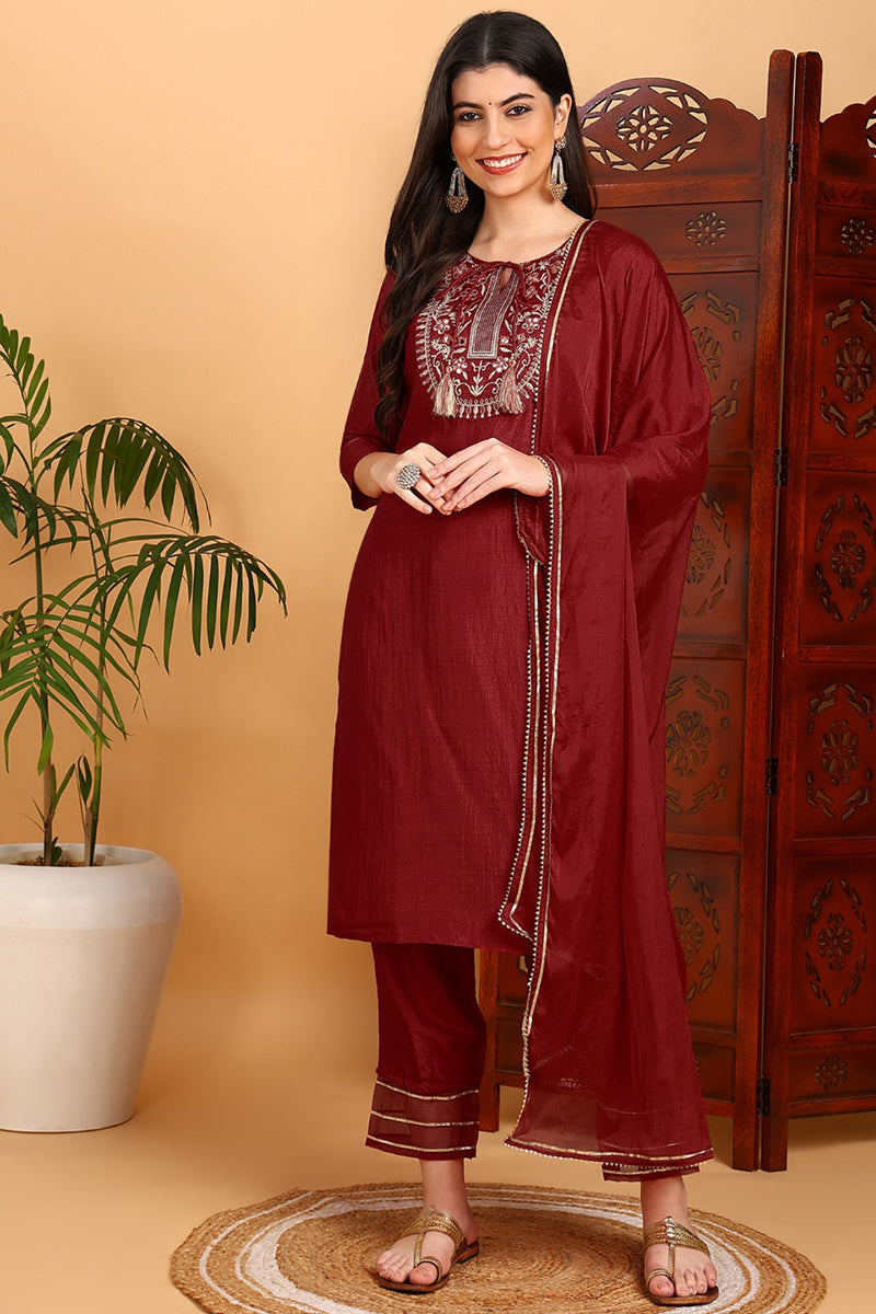 Red-Silk-Blend-Embroidered-3-Piece-Kurta-Set