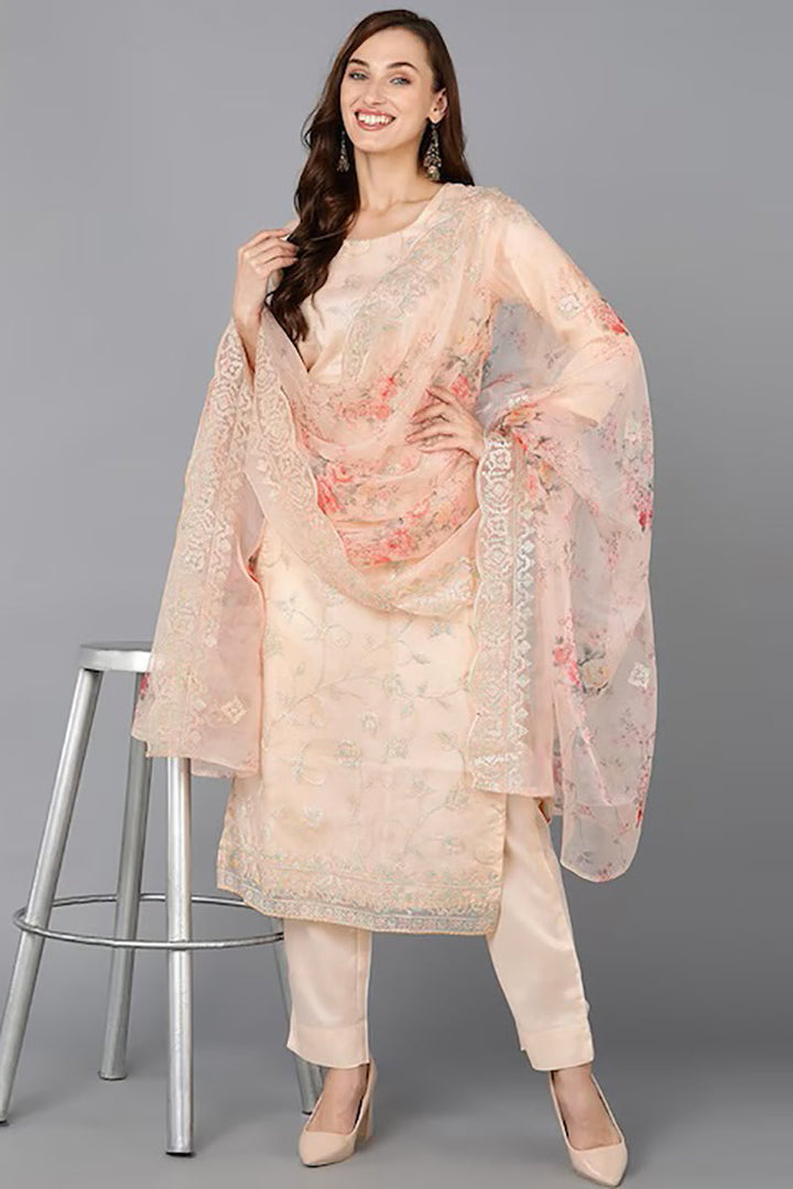 Peach-Organza-Ethnic-Motifs-Straight-Suit-Set