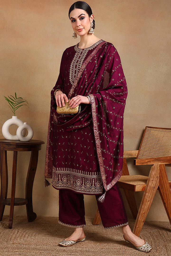 Silk Blend Wine Embroidered Straight Suit Set