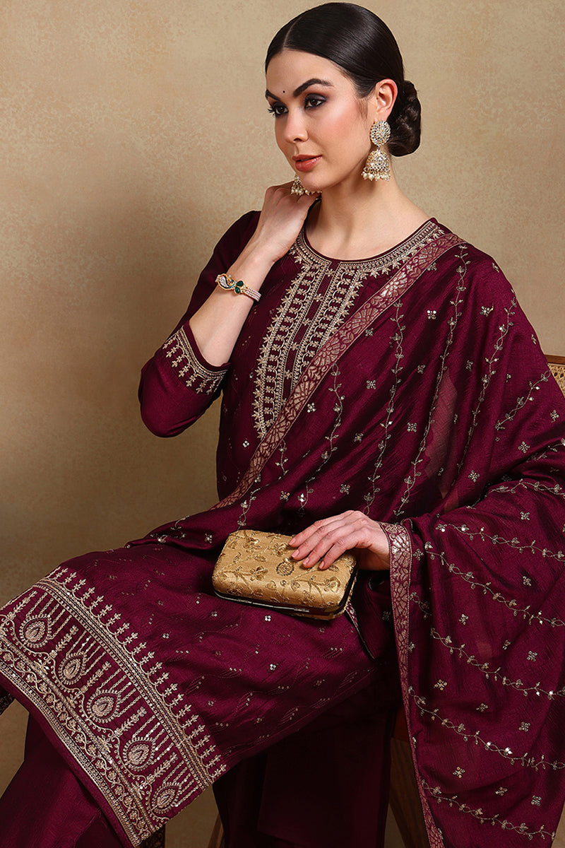 Silk Blend Wine Embroidered Straight Suit Set