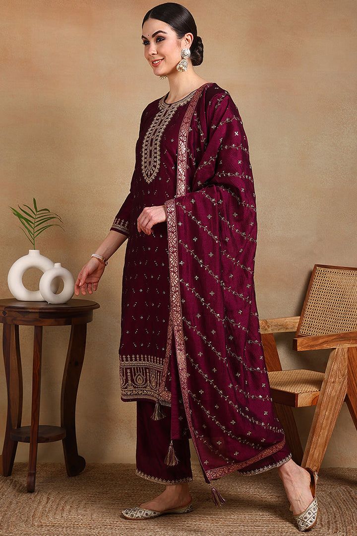 Silk Blend Wine Embroidered Straight Suit Set