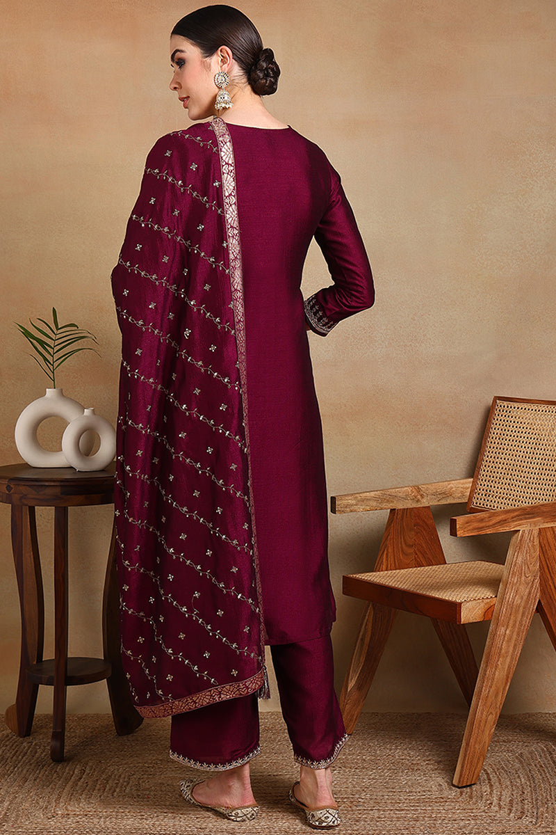 Silk Blend Wine Embroidered Straight Suit Set