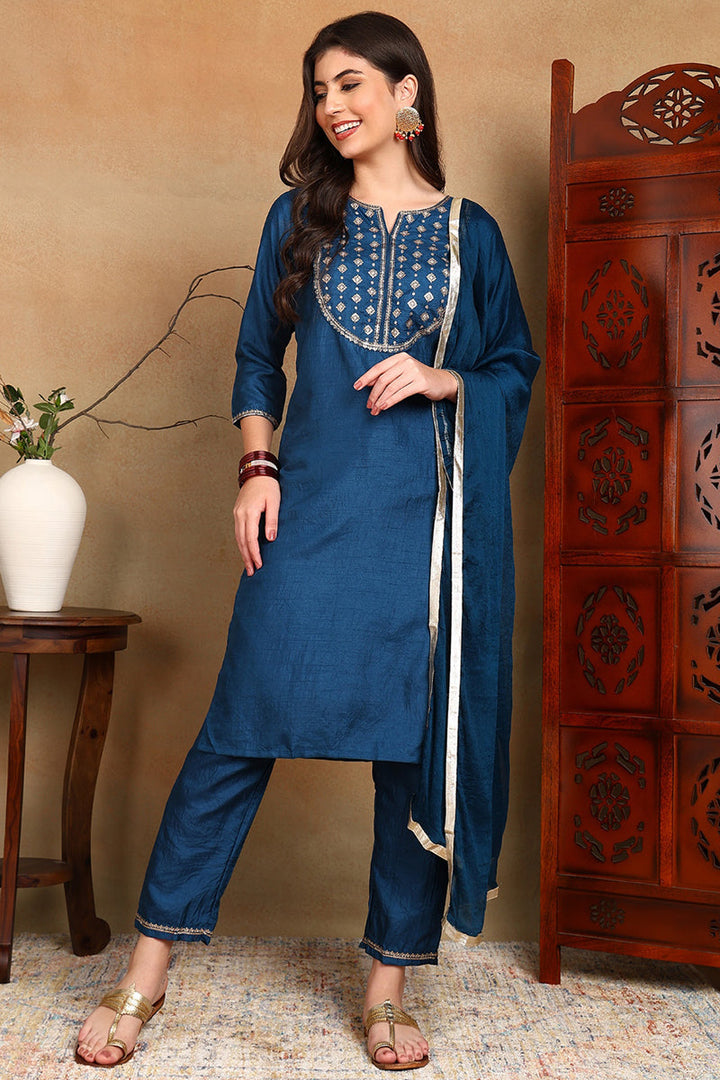 Blue-Silk-Blend-Embroidered-Straight-3-Piece-Kurta-Set