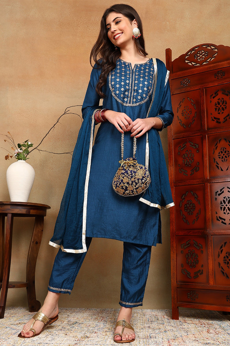 Blue-Silk-Blend-Embroidered-Straight-3-Piece-Kurta-Set