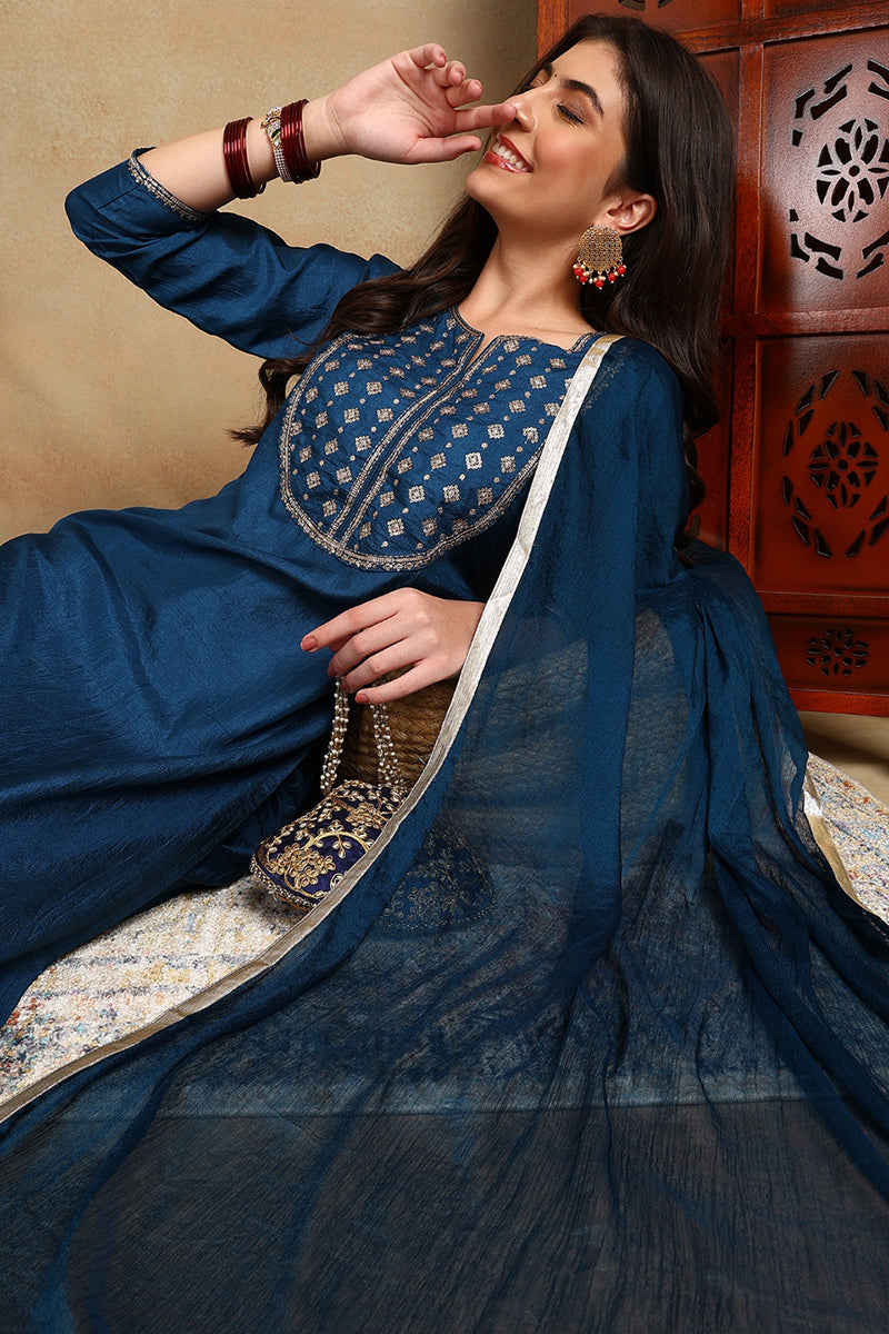 Blue-Silk-Blend-Embroidered-Straight-3-Piece-Kurta-Set
