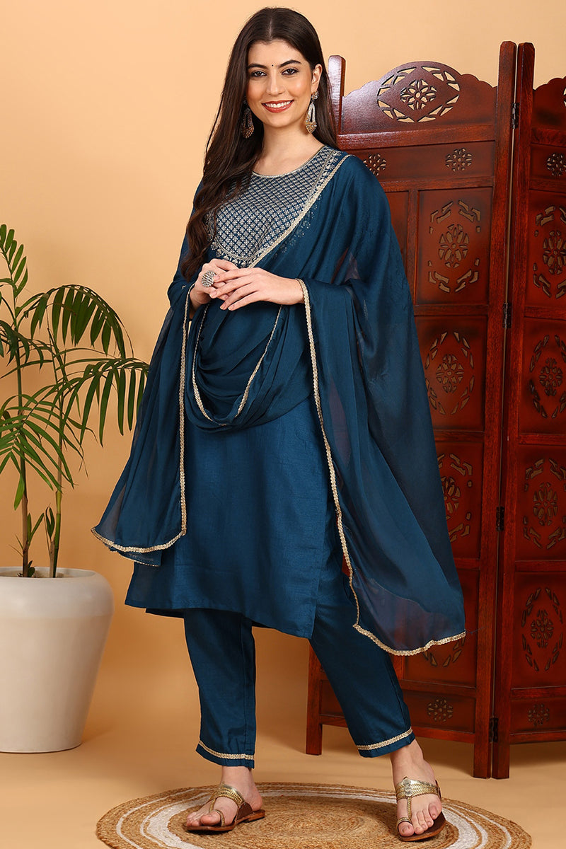 Silk-Blend-Teal-Embroidered-Straight-3-Piece-Kurta-Set