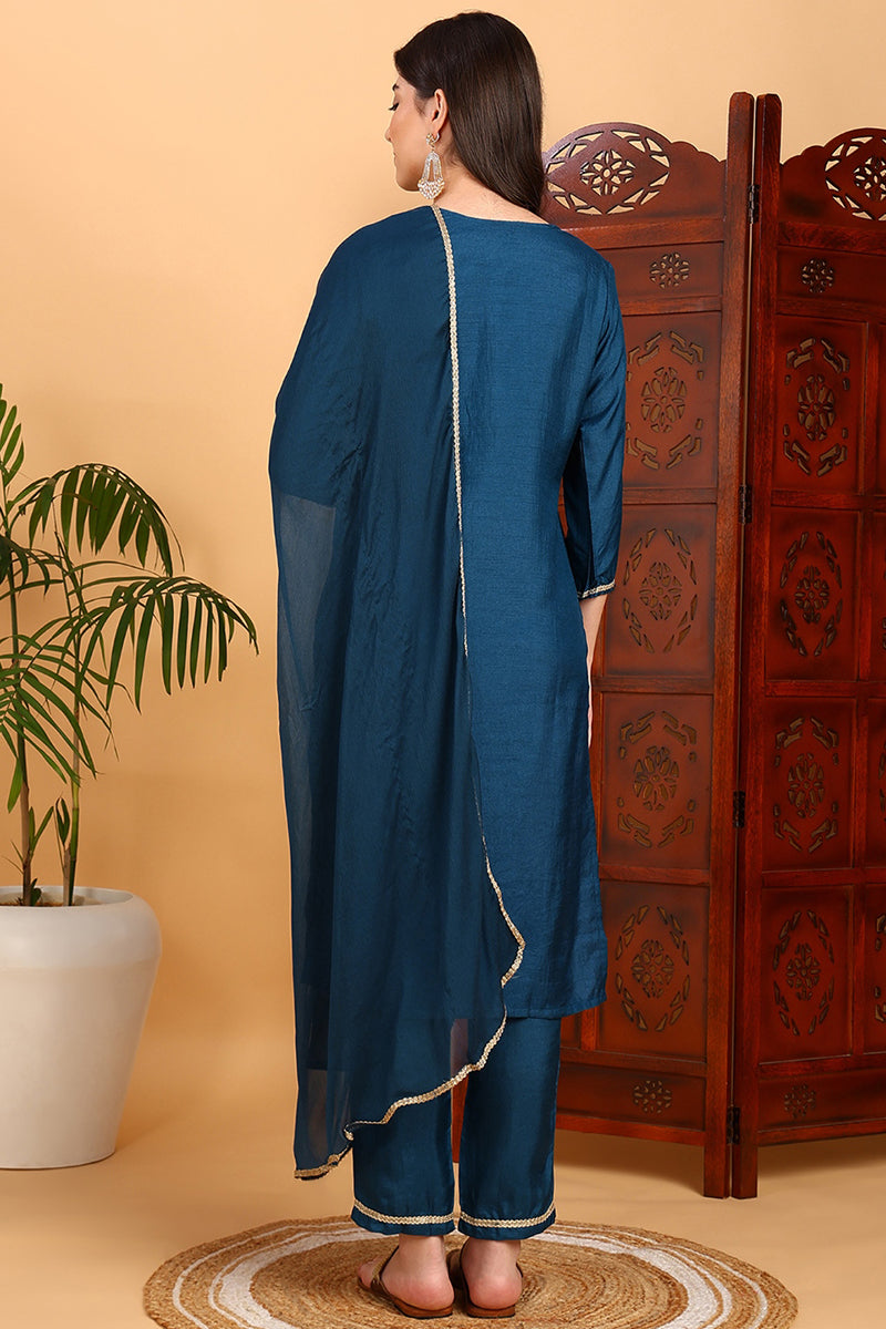 Silk-Blend-Teal-Embroidered-Straight-3-Piece-Kurta-Set