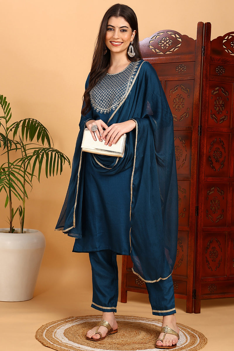 Silk-Blend-Teal-Embroidered-Straight-3-Piece-Kurta-Set