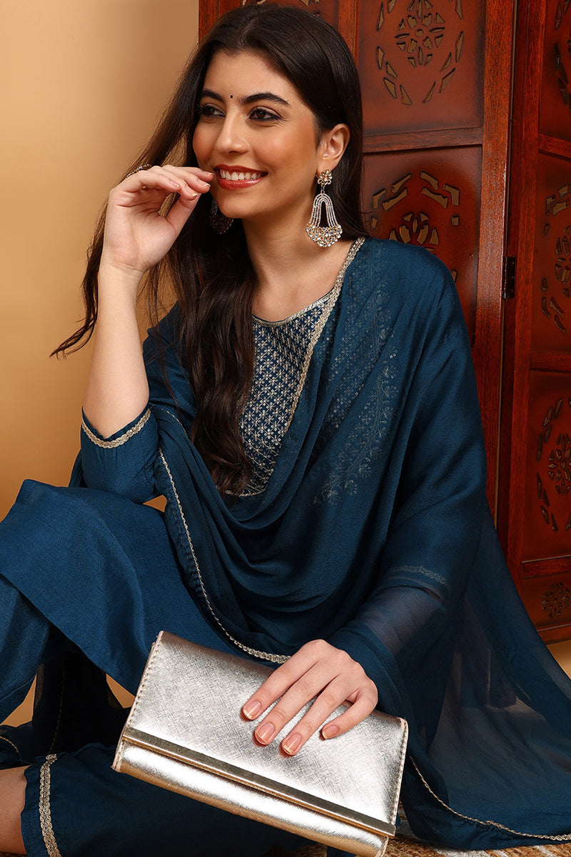 Silk-Blend-Teal-Embroidered-Straight-3-Piece-Kurta-Set