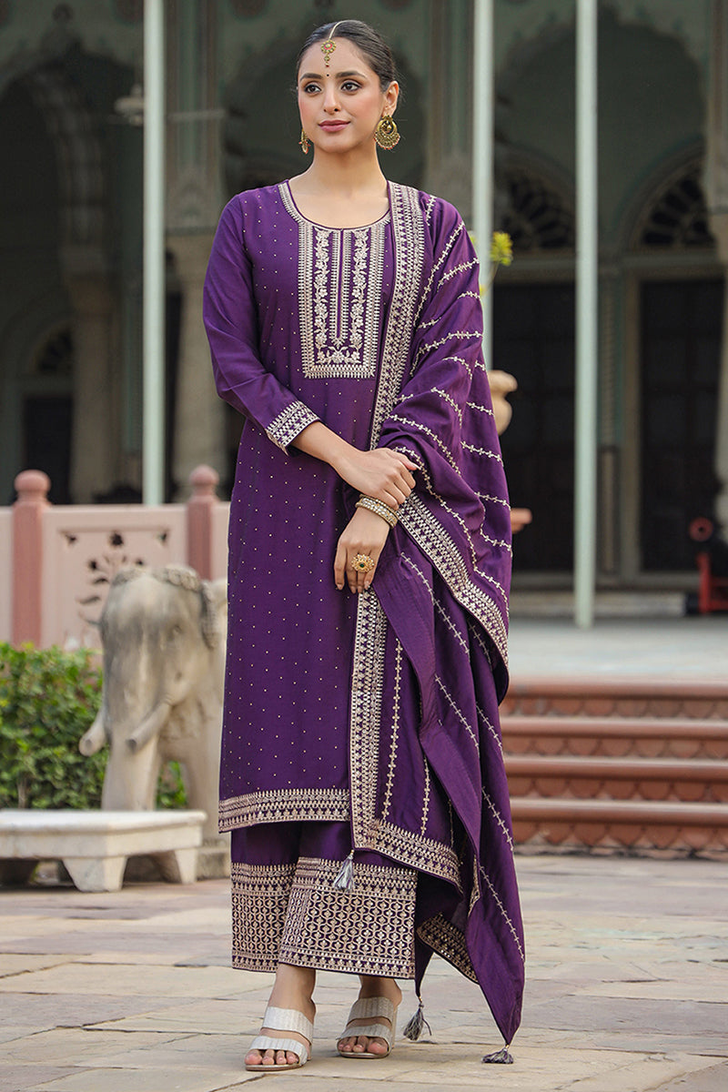 Purple-Silk-Blend-Straight-Kurta-Palazzo-With-Dupatta