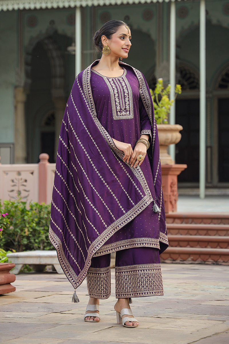 Purple-Silk-Blend-Straight-Kurta-Palazzo-With-Dupatta