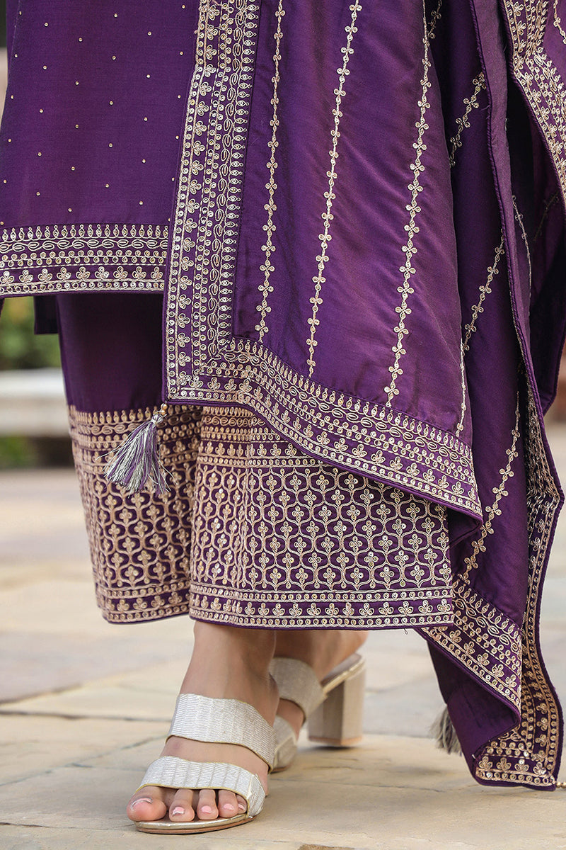 Purple-Silk-Blend-Straight-Kurta-Palazzo-With-Dupatta