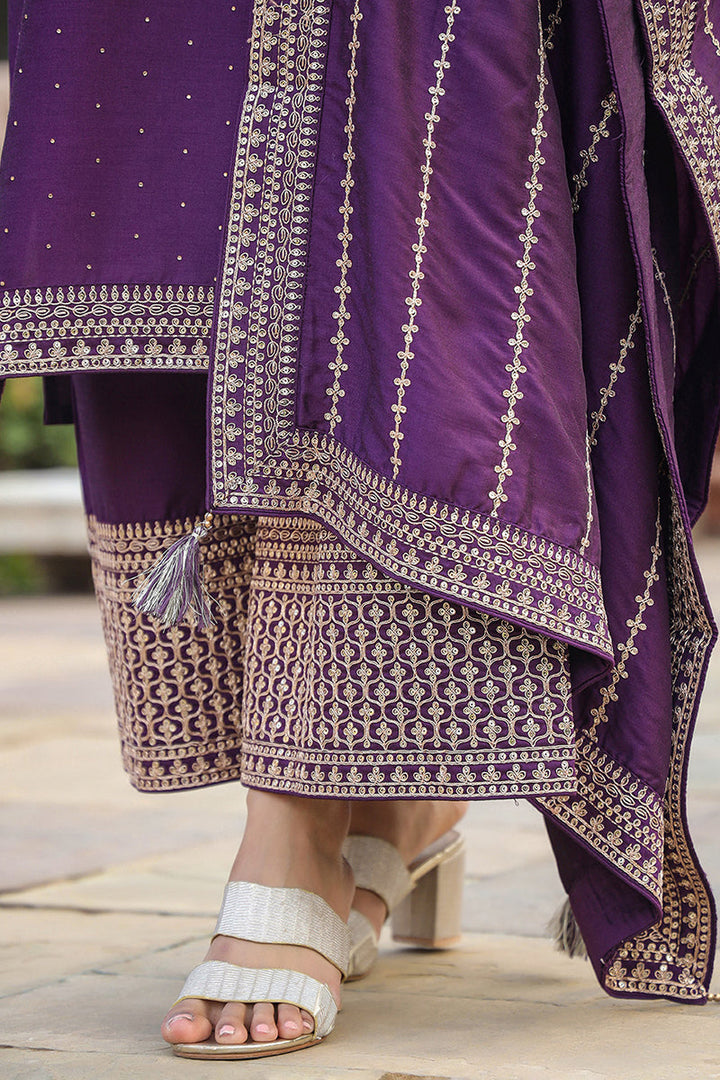 Purple-Silk-Blend-Straight-Kurta-Palazzo-With-Dupatta