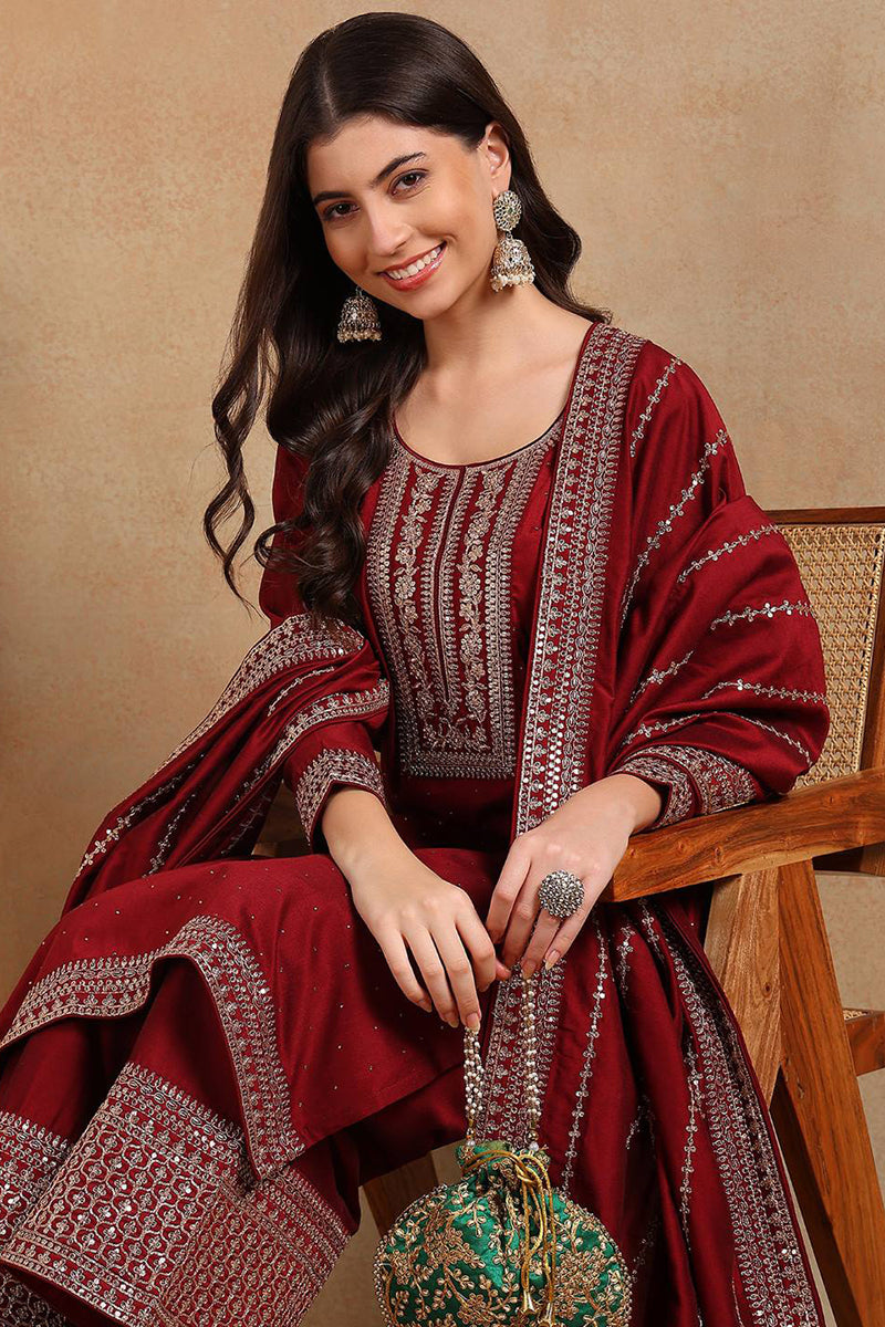 Maroon-Silk-Blend-Straight-Kurta-Palazzo-With-Dupatta