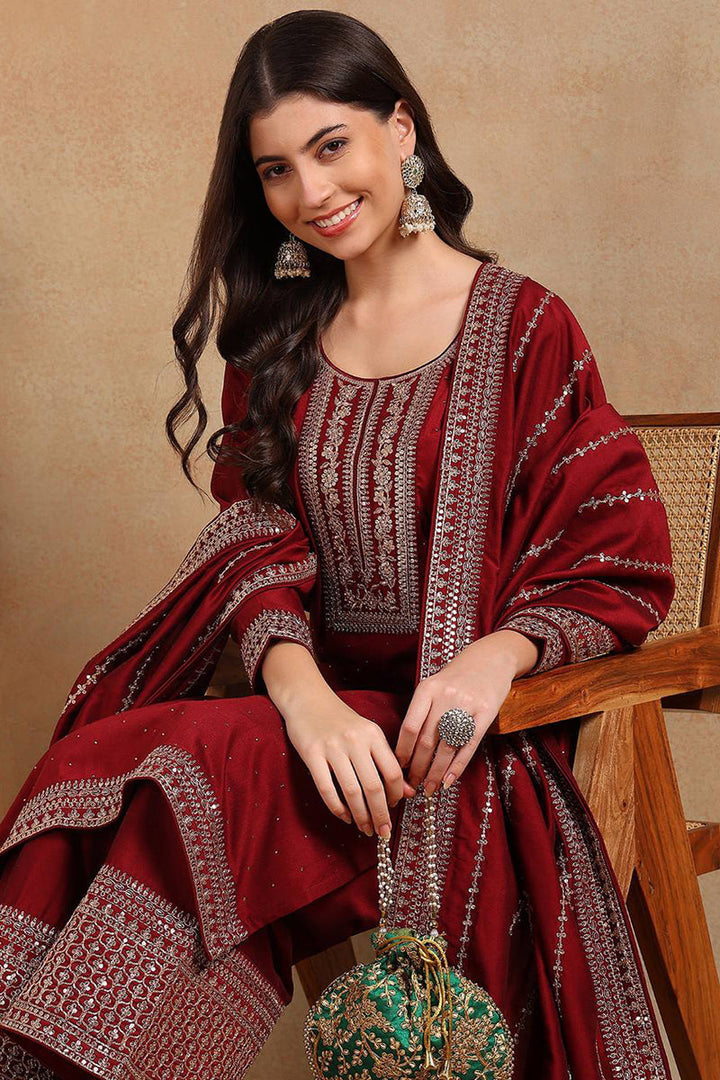 Maroon-Silk-Blend-Straight-Kurta-Palazzo-With-Dupatta