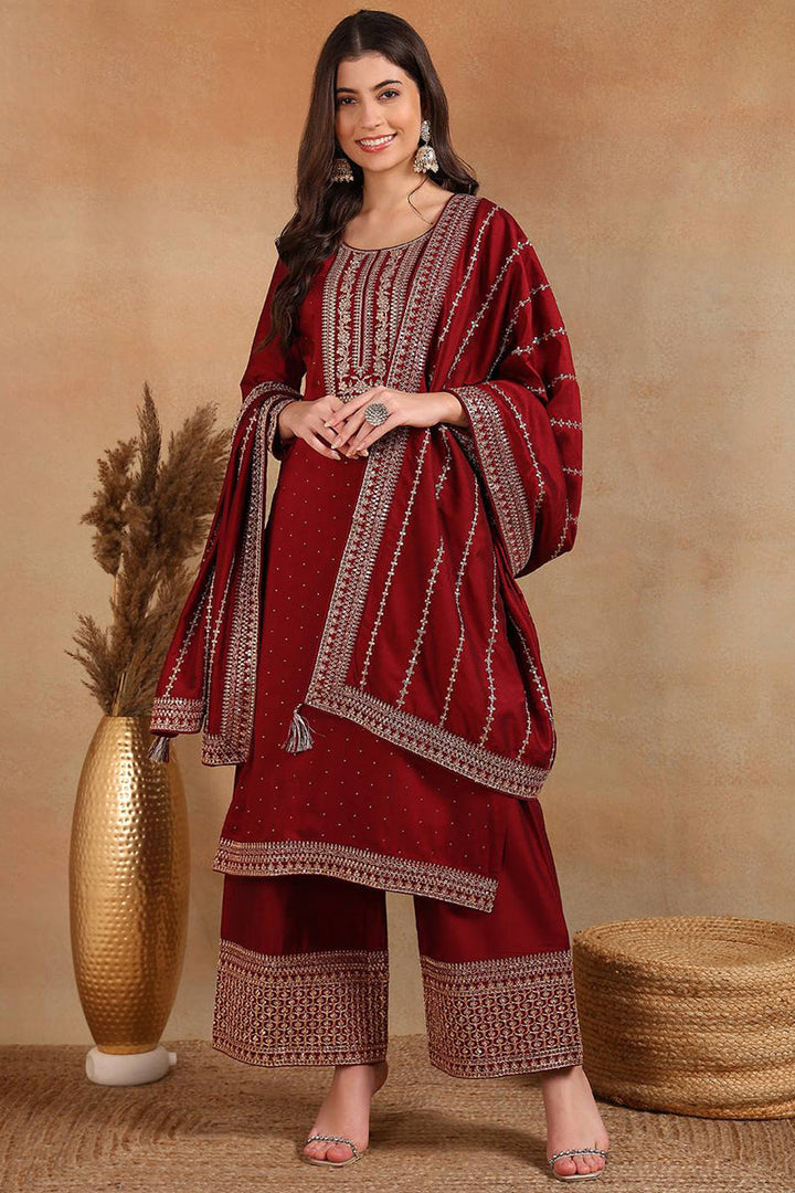 Maroon-Silk-Blend-Straight-Kurta-Palazzo-With-Dupatta