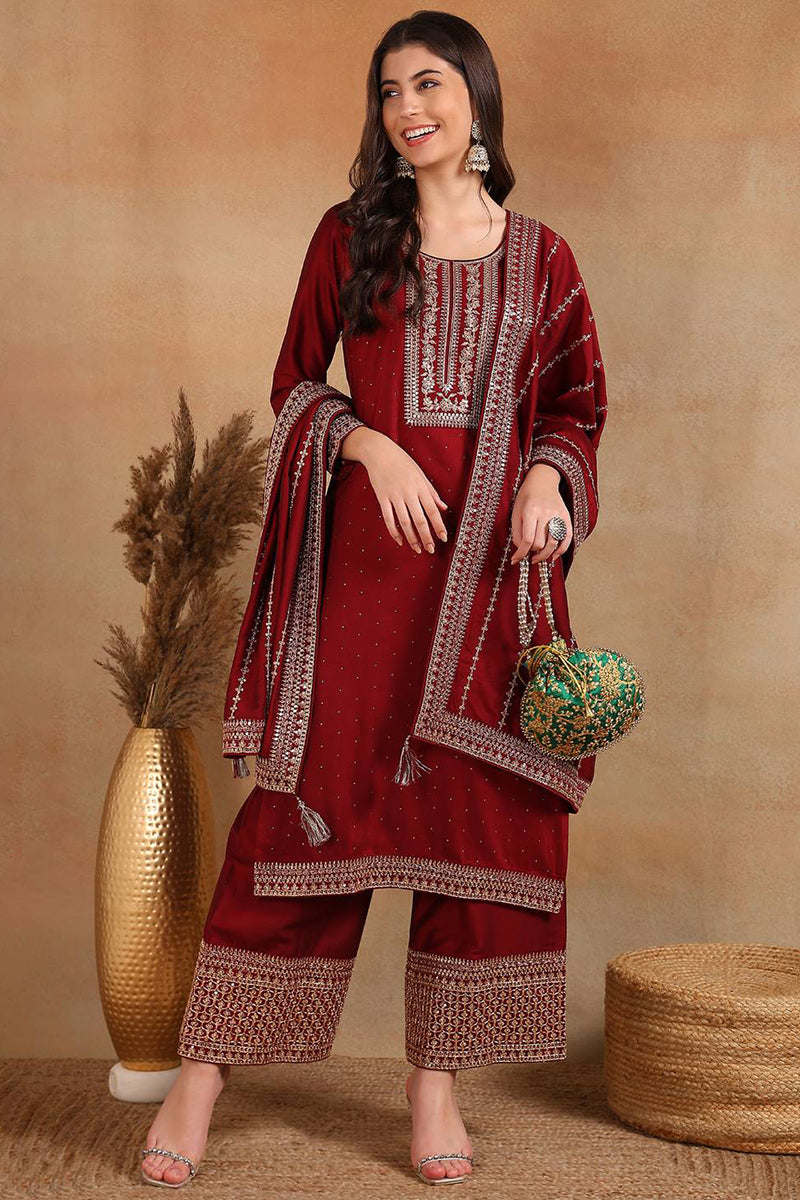 Maroon-Silk-Blend-Straight-Kurta-Palazzo-With-Dupatta