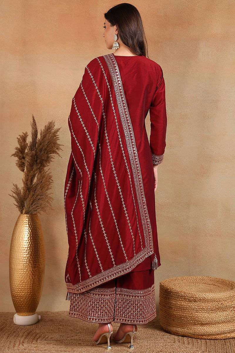 Maroon-Silk-Blend-Straight-Kurta-Palazzo-With-Dupatta