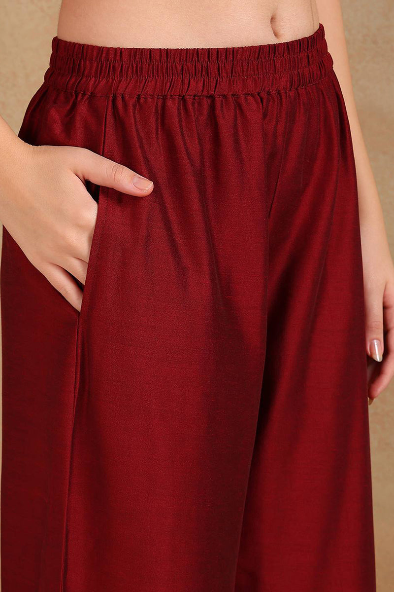 Maroon-Silk-Blend-Straight-Kurta-Palazzo-With-Dupatta