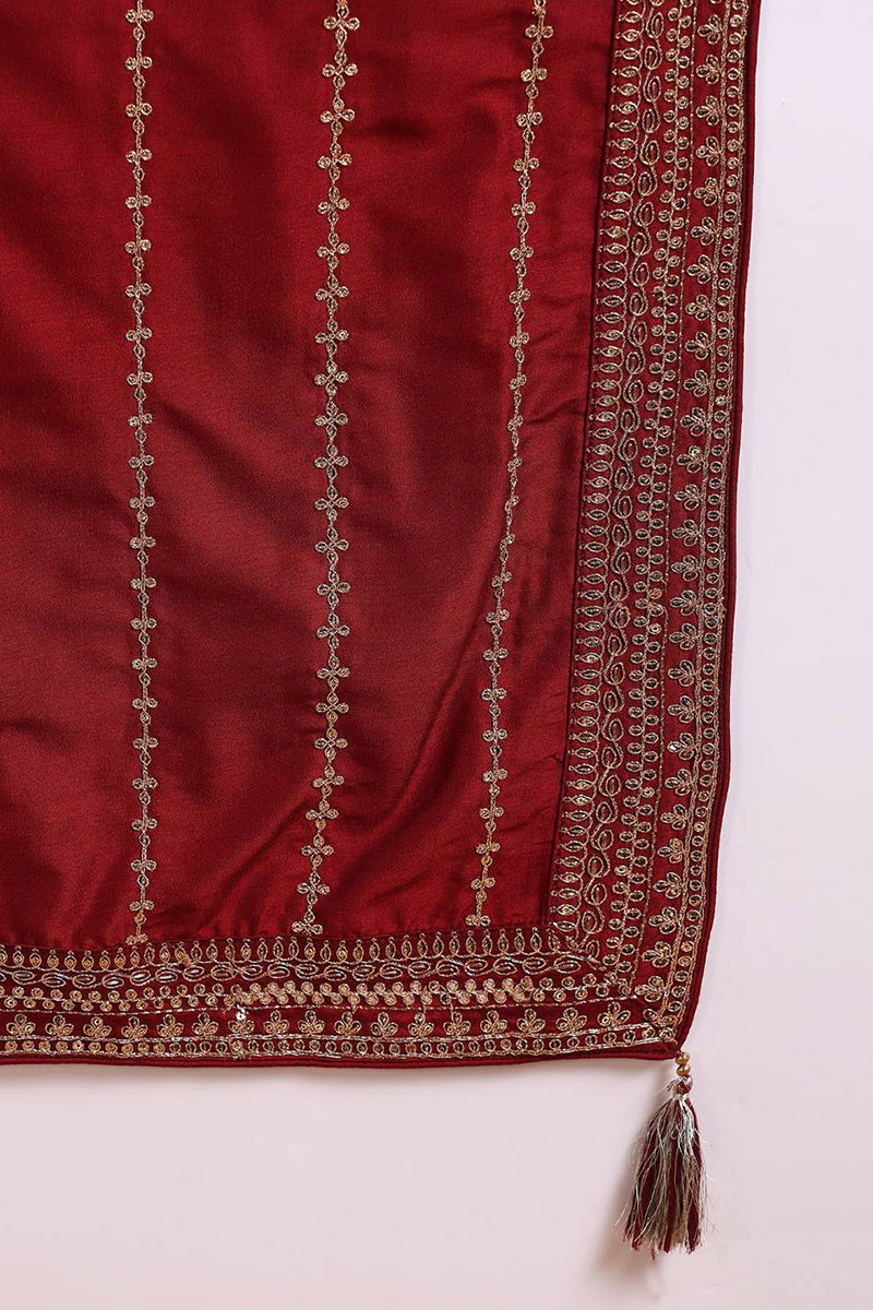 Maroon-Silk-Blend-Straight-Kurta-Palazzo-With-Dupatta