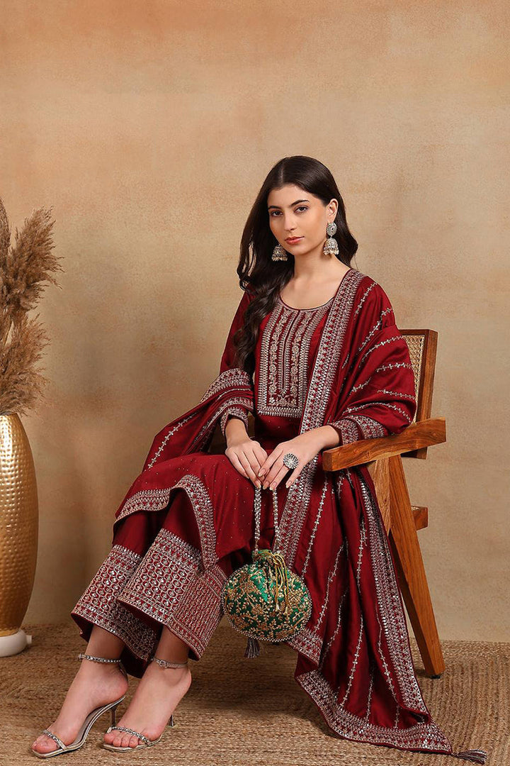 Maroon-Silk-Blend-Straight-Kurta-Palazzo-With-Dupatta