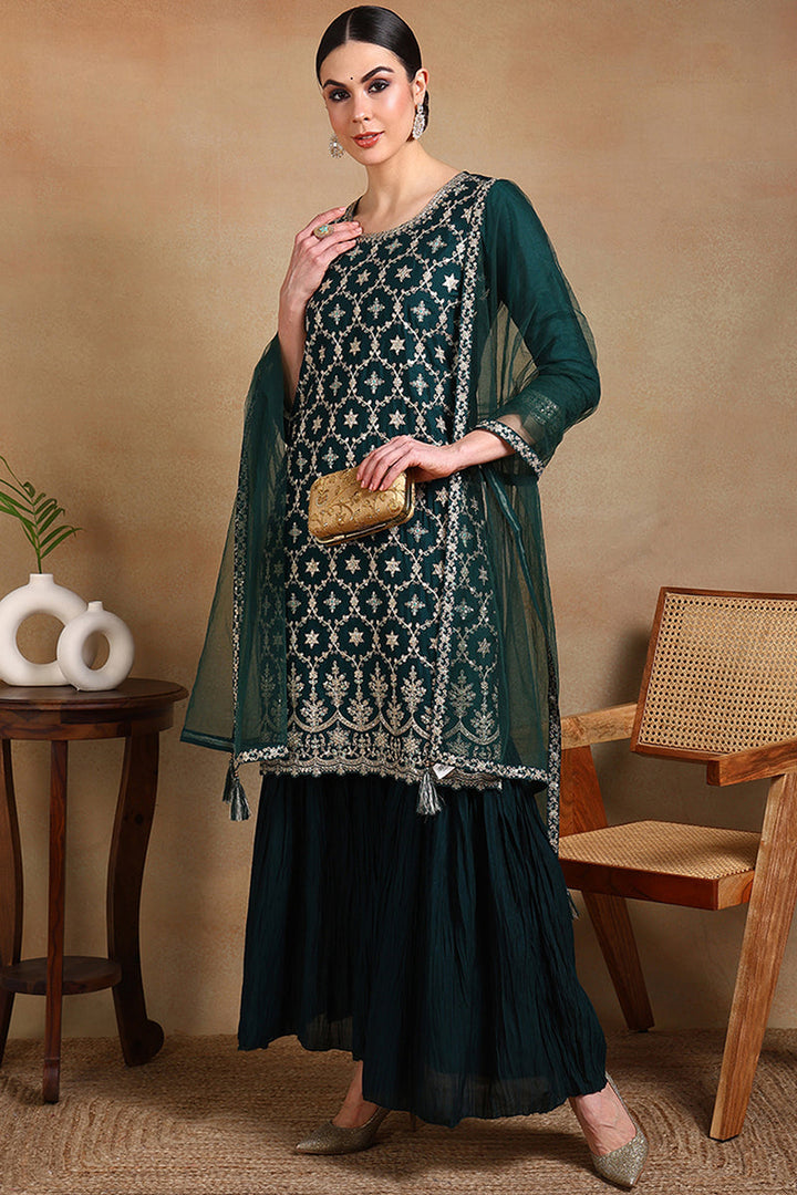Green-Silk-Blend-Embroidered-Sharara-Suit-Set