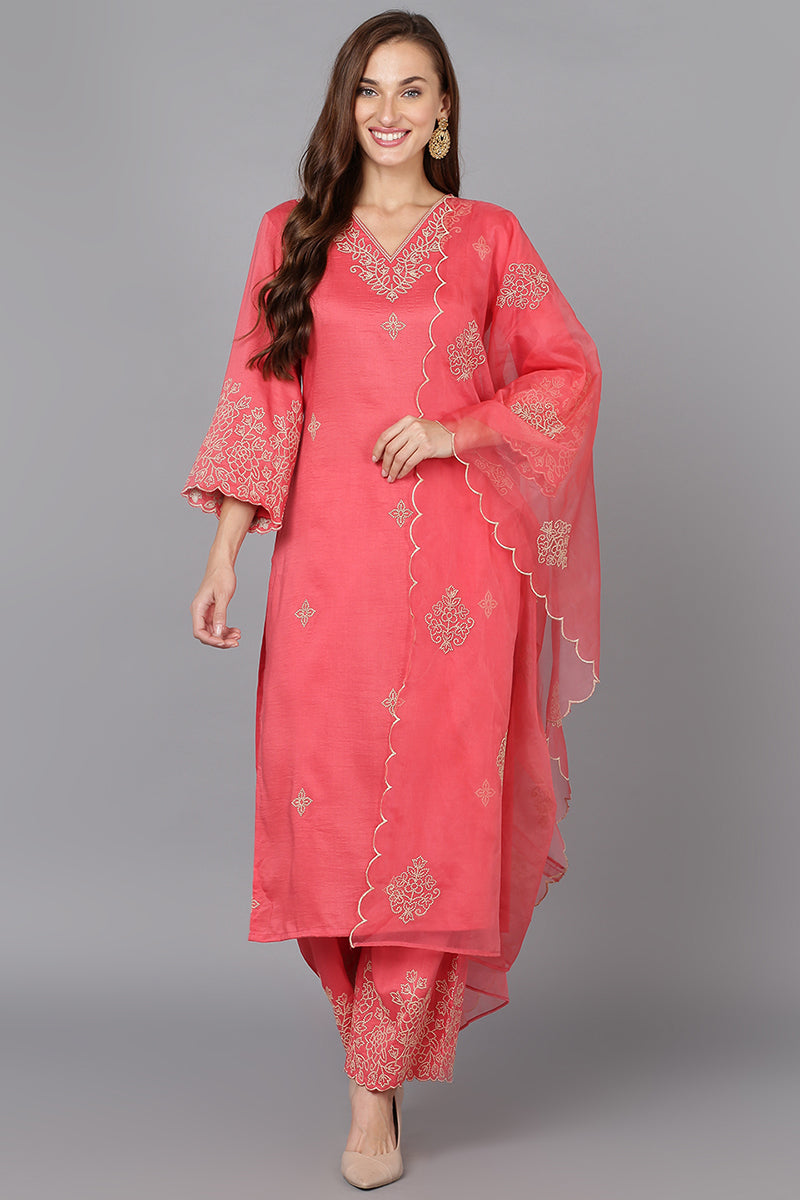Pink-Silk-Blend-Straight-Kurta-Palazzo-With-Dupatta