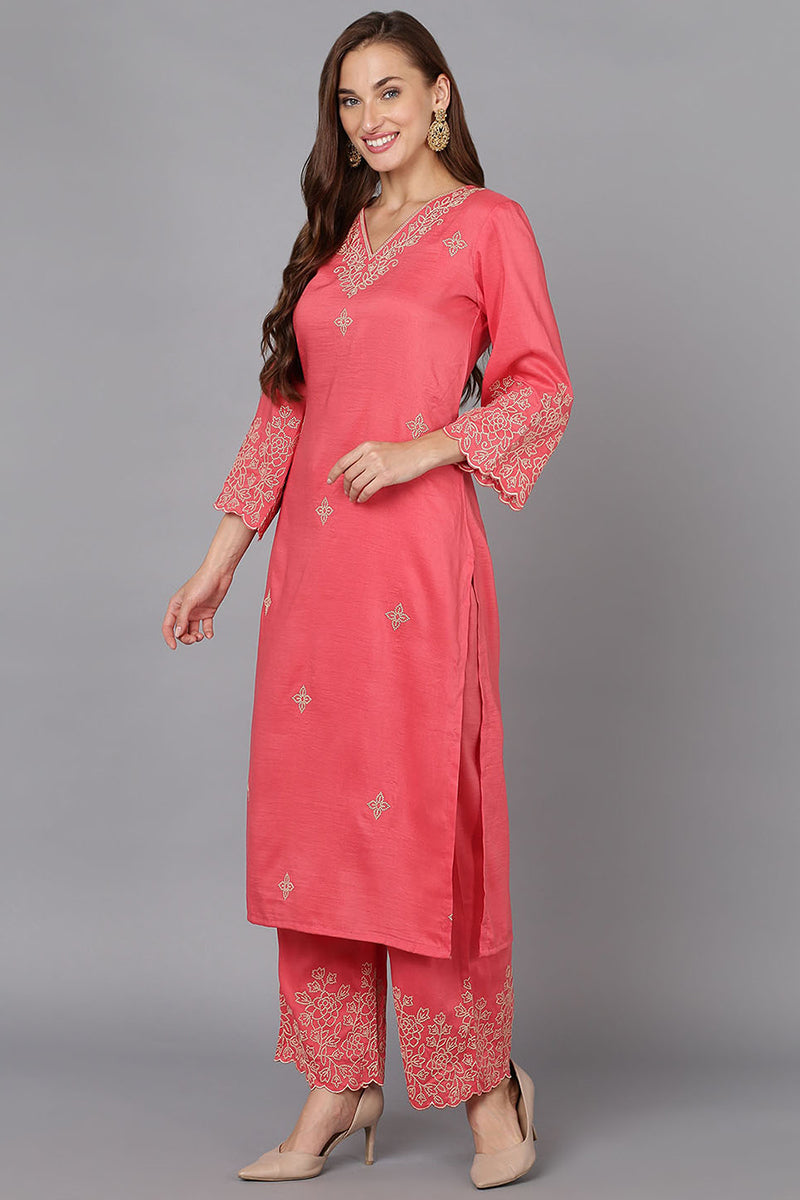 Pink-Silk-Blend-Straight-Kurta-Palazzo-With-Dupatta