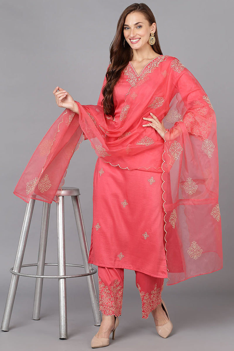 Pink-Silk-Blend-Straight-Kurta-Palazzo-With-Dupatta