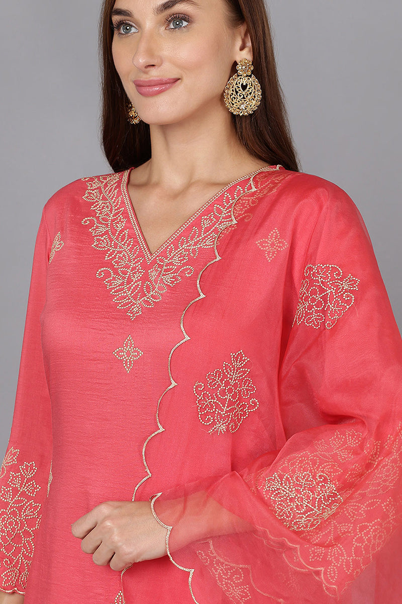 Pink-Silk-Blend-Straight-Kurta-Palazzo-With-Dupatta