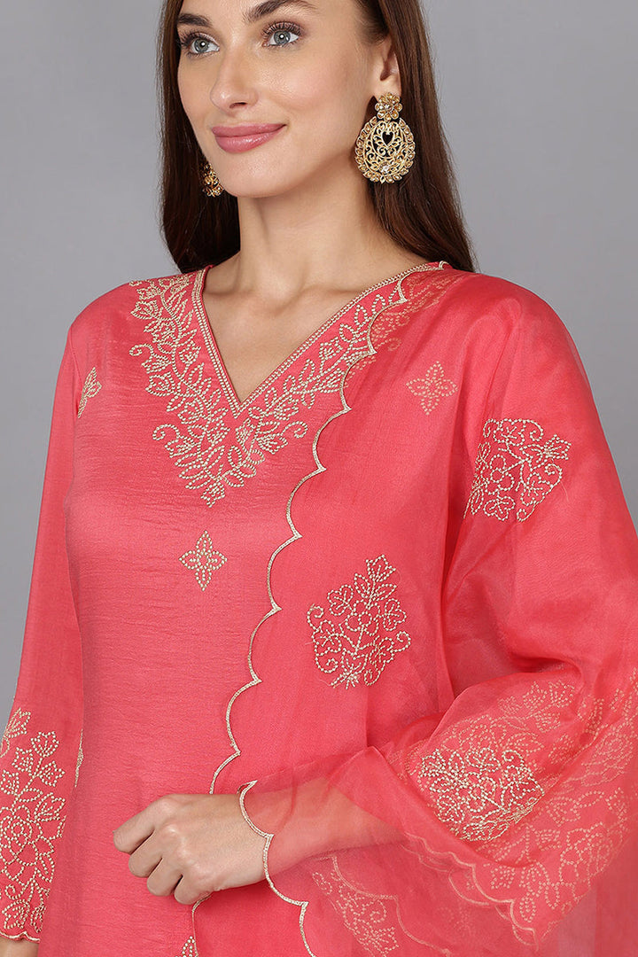 Pink-Silk-Blend-Straight-Kurta-Palazzo-With-Dupatta