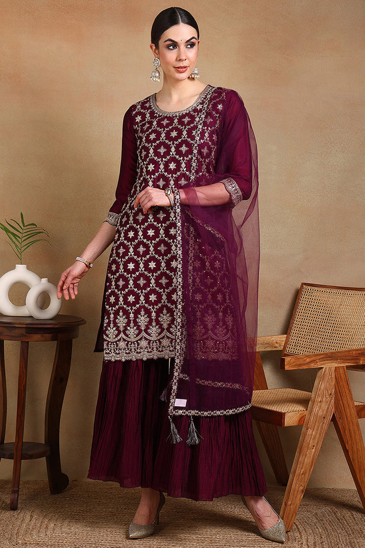 Burgundy Silk Blend Machine Woven embroidered Sharara Set