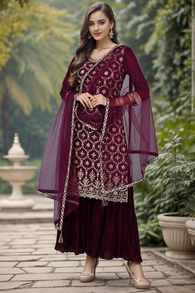 Burgundy Silk Blend Machine Woven embroidered Sharara Set