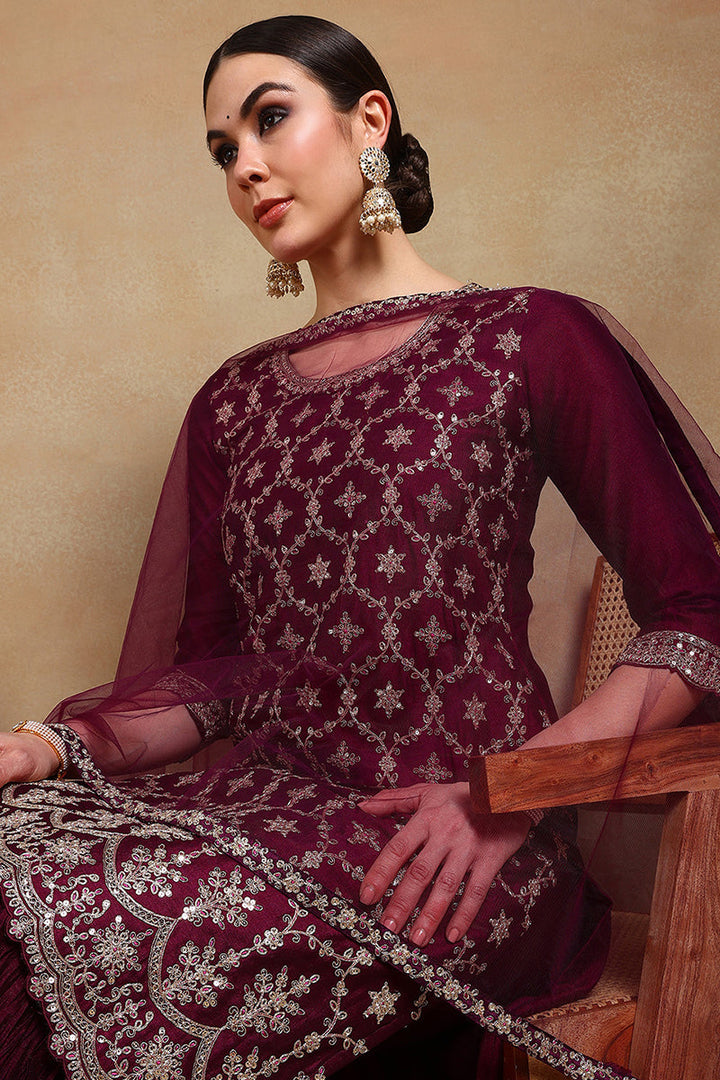 Burgundy Silk Blend Machine Woven embroidered Sharara Set