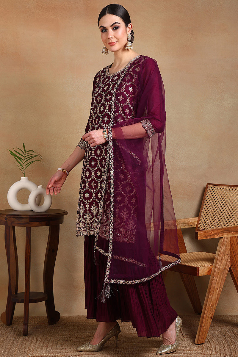 Burgundy Silk Blend Machine Woven embroidered Sharara Set