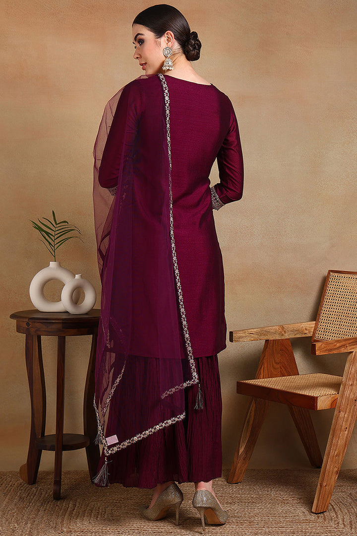 Burgundy Silk Blend Machine Woven embroidered Sharara Set