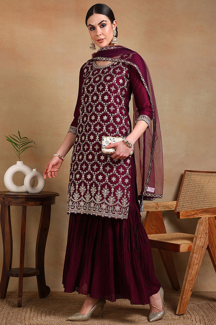 Burgundy Silk Blend Machine Woven embroidered Sharara Set