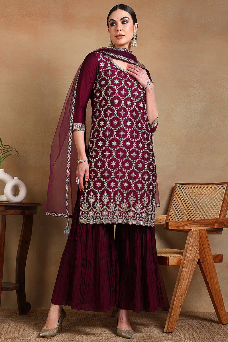 Burgundy Silk Blend Machine Woven embroidered Sharara Set