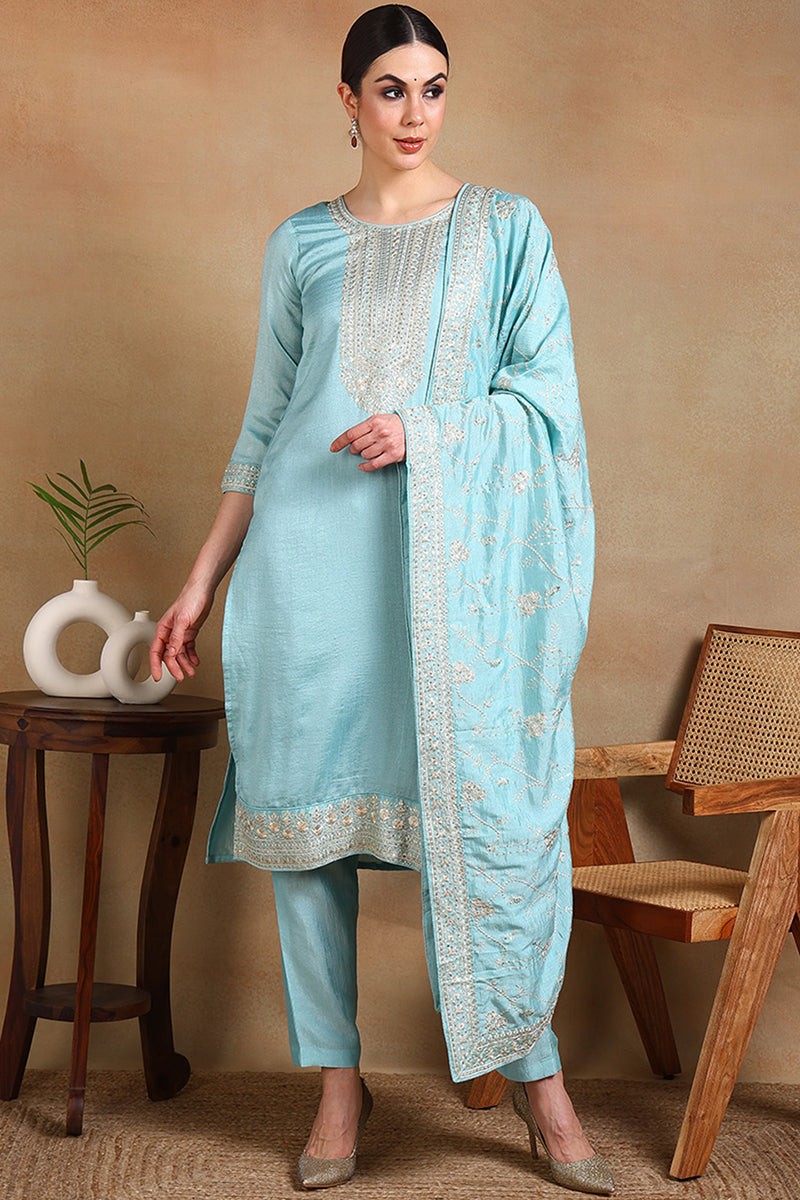 Blue-Silk-Blend-Straight-3-Piece-Kurta-Set