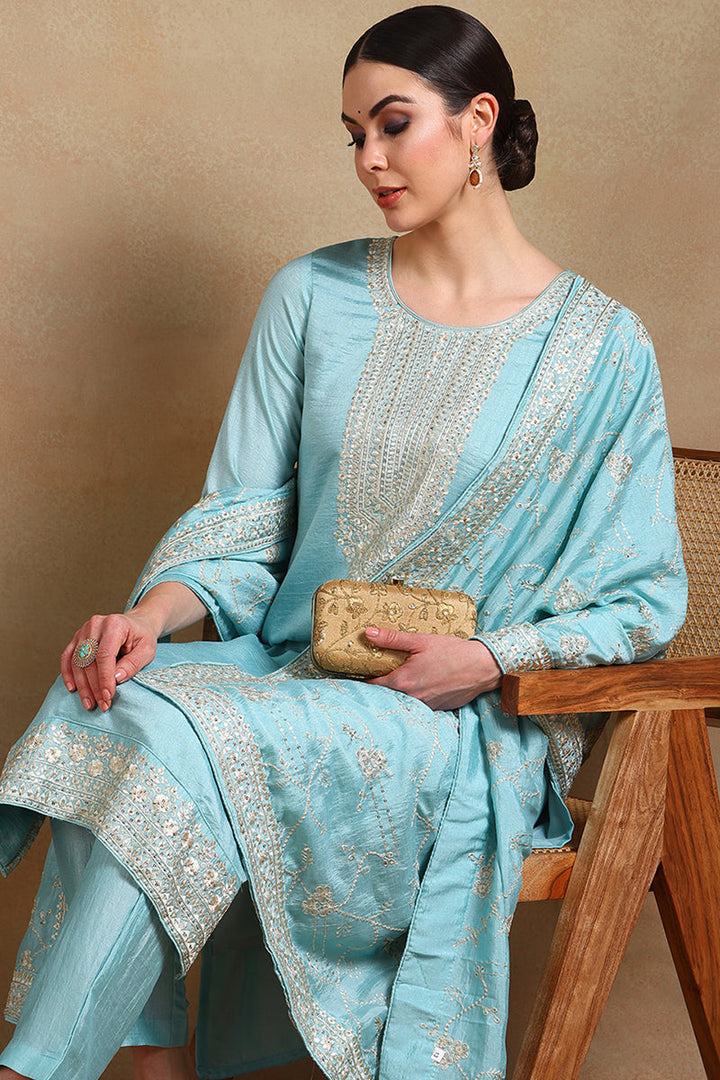 Blue-Silk-Blend-Straight-3-Piece-Kurta-Set