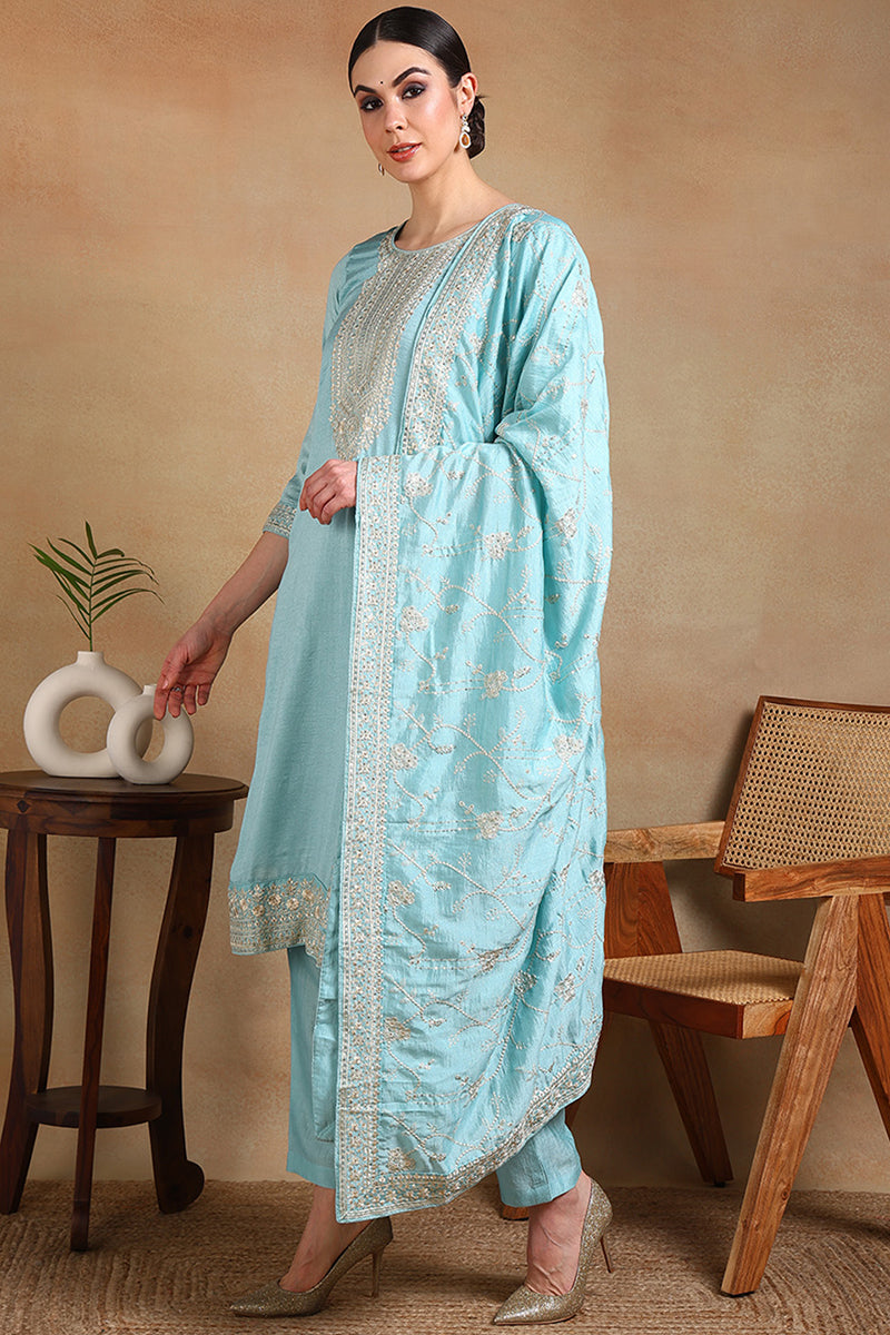 Blue-Silk-Blend-Straight-3-Piece-Kurta-Set