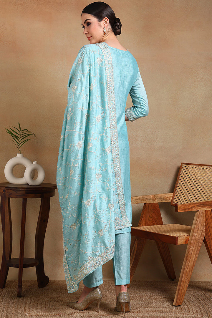 Blue-Silk-Blend-Straight-3-Piece-Kurta-Set