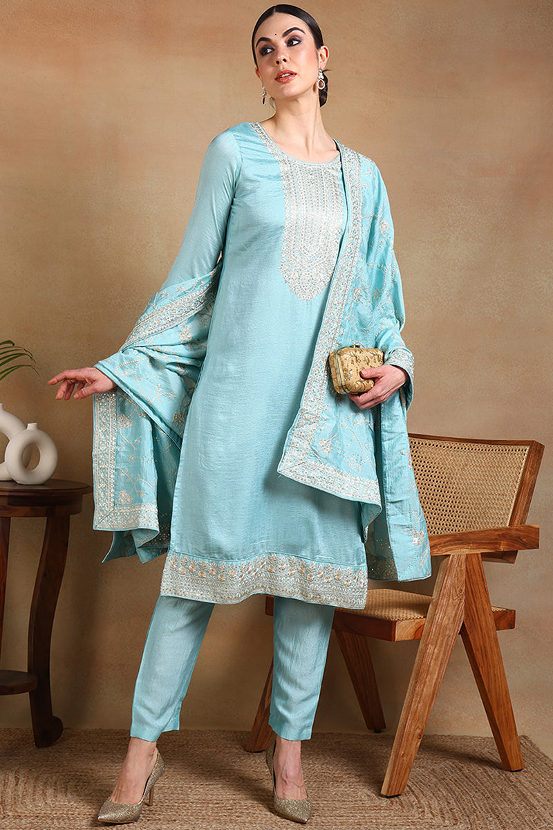 Blue-Silk-Blend-Straight-3-Piece-Kurta-Set