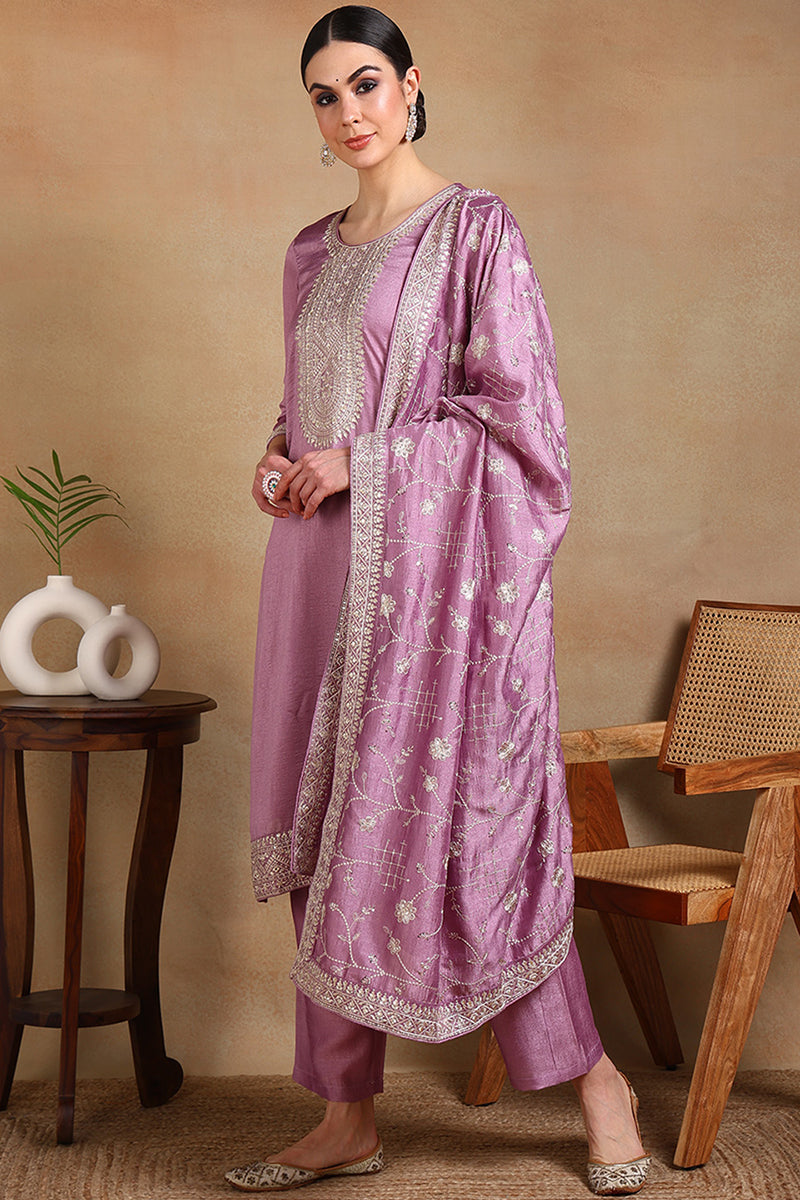 Lavender Silk Blend Machine Woven Straight Suit Set