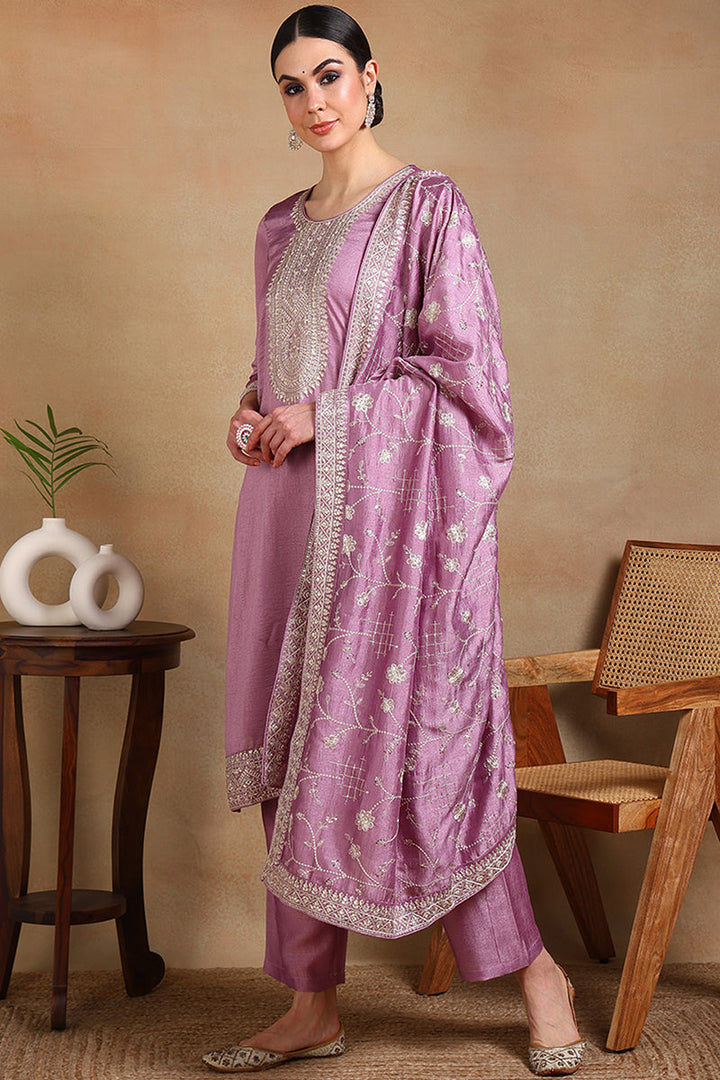 Lavender Silk Blend Machine Woven Straight Suit Set