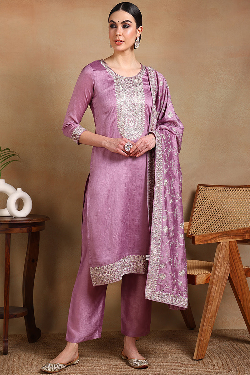 Lavender Silk Blend Machine Woven Straight Suit Set